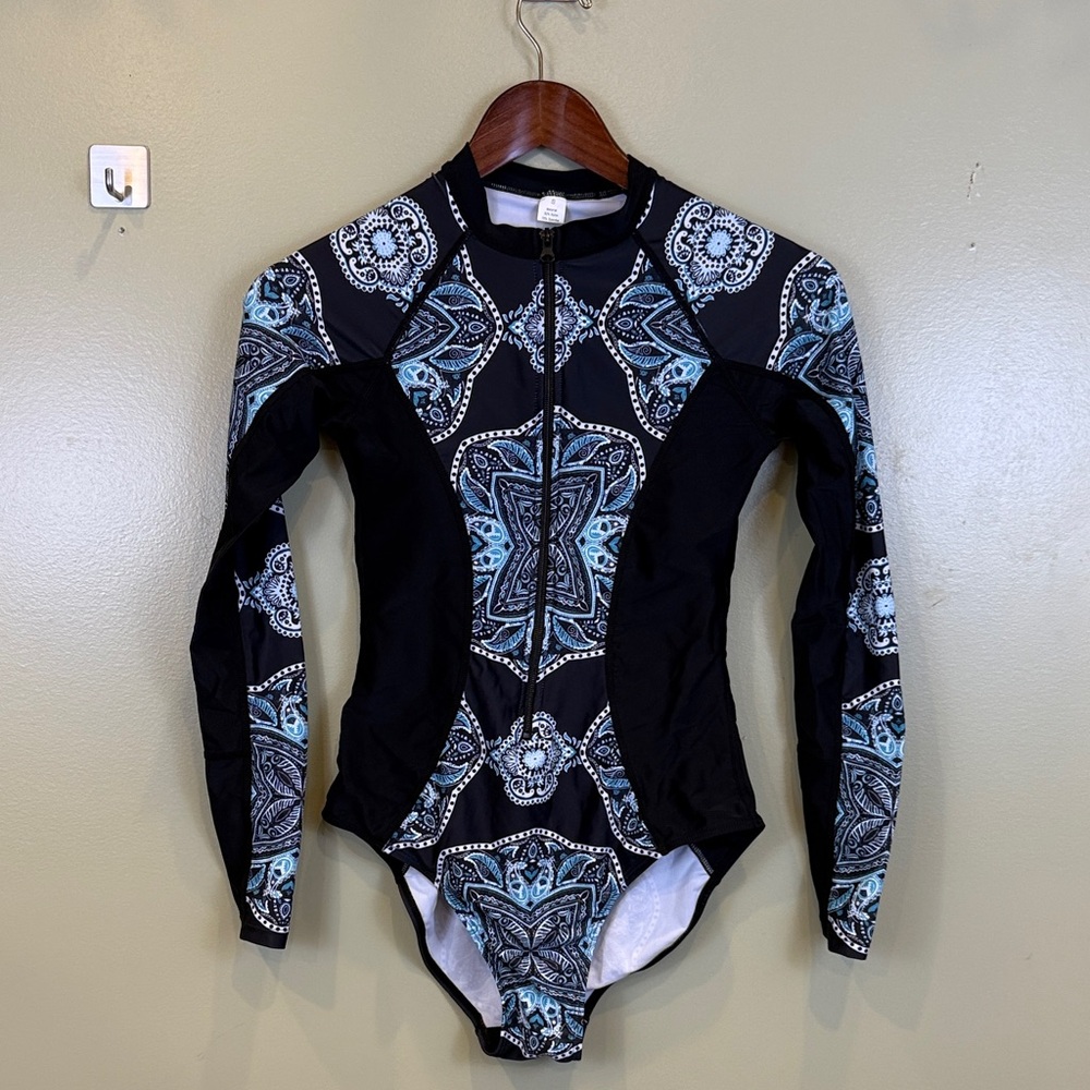 Black and Blue Patterned Long Sleeve Bodysuit